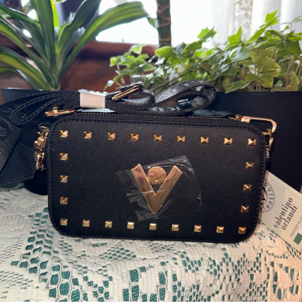 Valentino Orlandi Black Studded Double Zip Crossbody Camera Bag